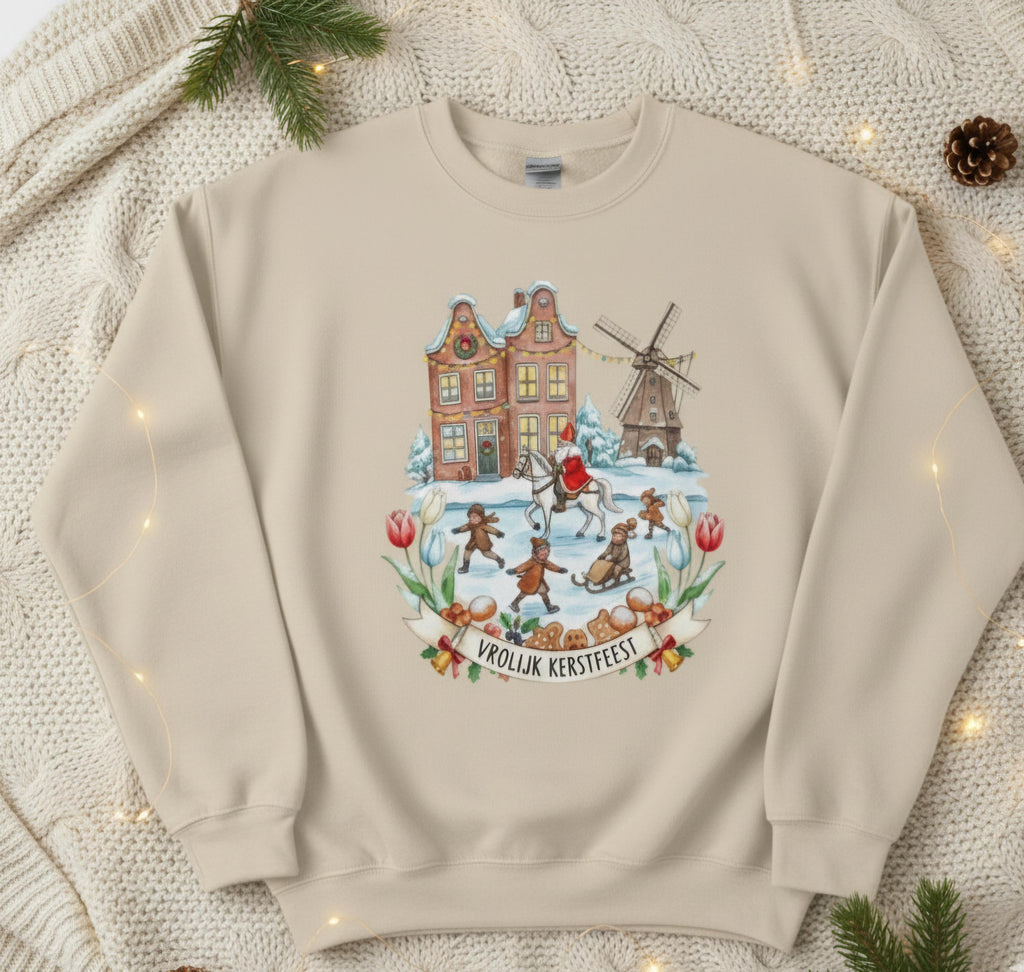 Vrolijk Kerstfeest Dutch Christmas Sweatshirt – Ice Skating Winter Pullover | Netherlands Holiday Sweater