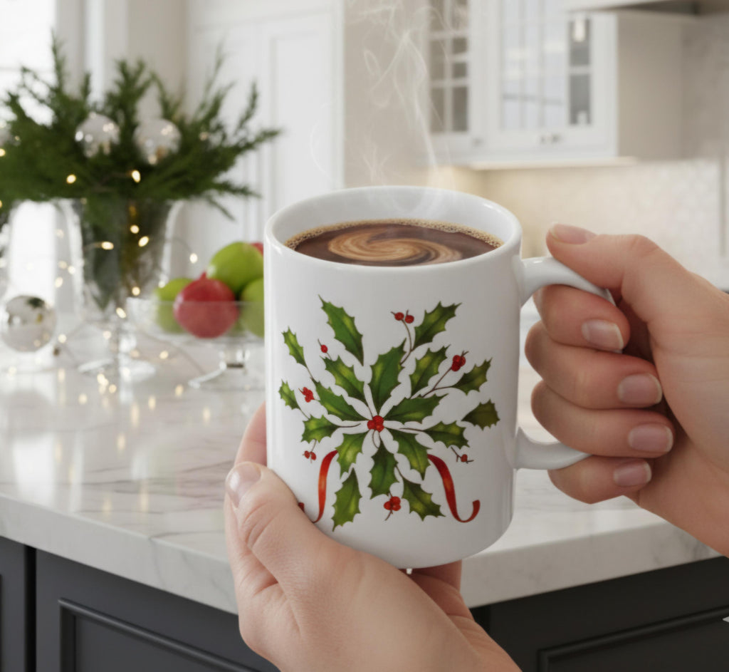 Holly Christmas Mug • Festive Holiday Coffee Cup • Winter Berry Ceramic Mug • Cozy Christmas Gift • Holiday Kitchen Décor