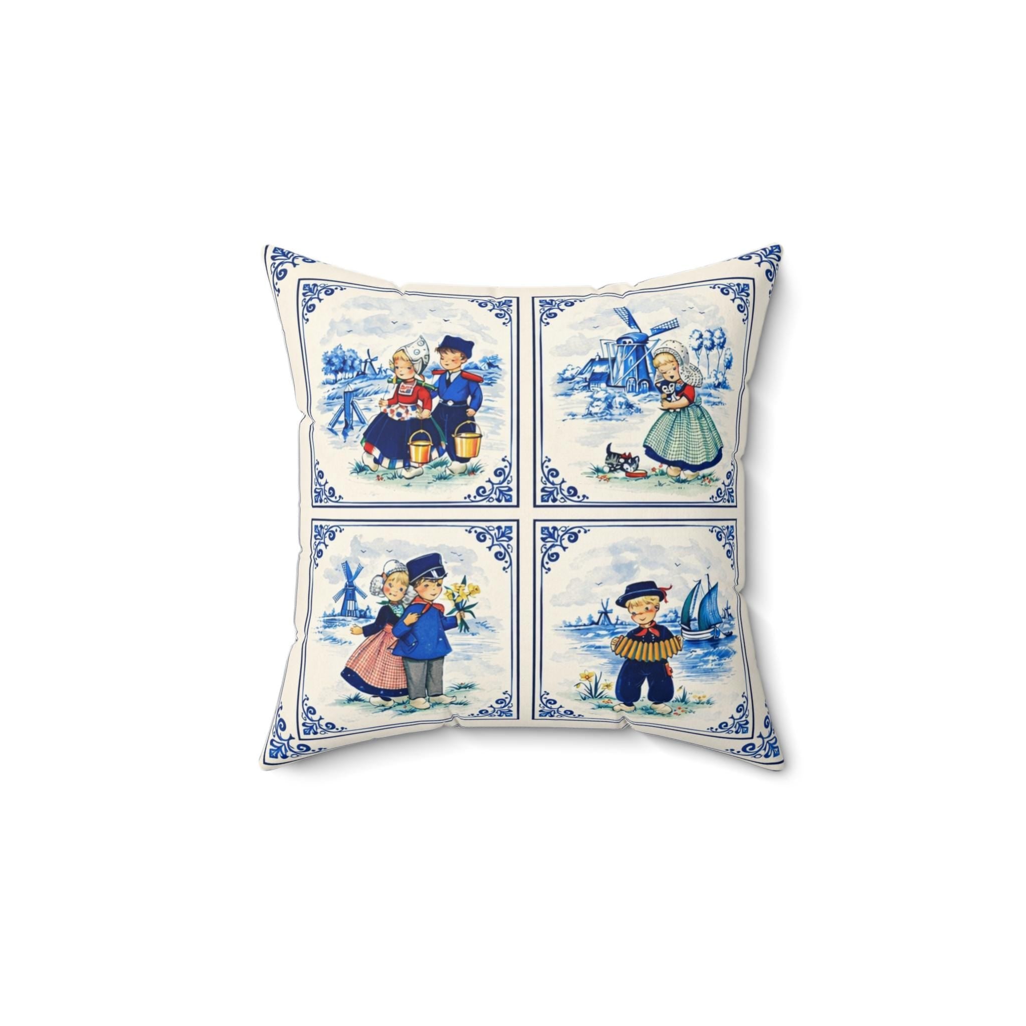 Dutch Delft Tile Pillow Throw | Vintage Netherlands Decor | Blue & White Folk Art Cushion | Traditional Dutch Children Illustration | Oma
