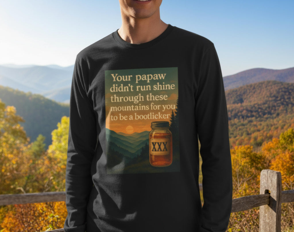 Vintage Bootlegger Longsleeve T-Shirt – Appalachian Moonshine Tee, Retro Country Shirt, Rustic Mountain Long Sleeve