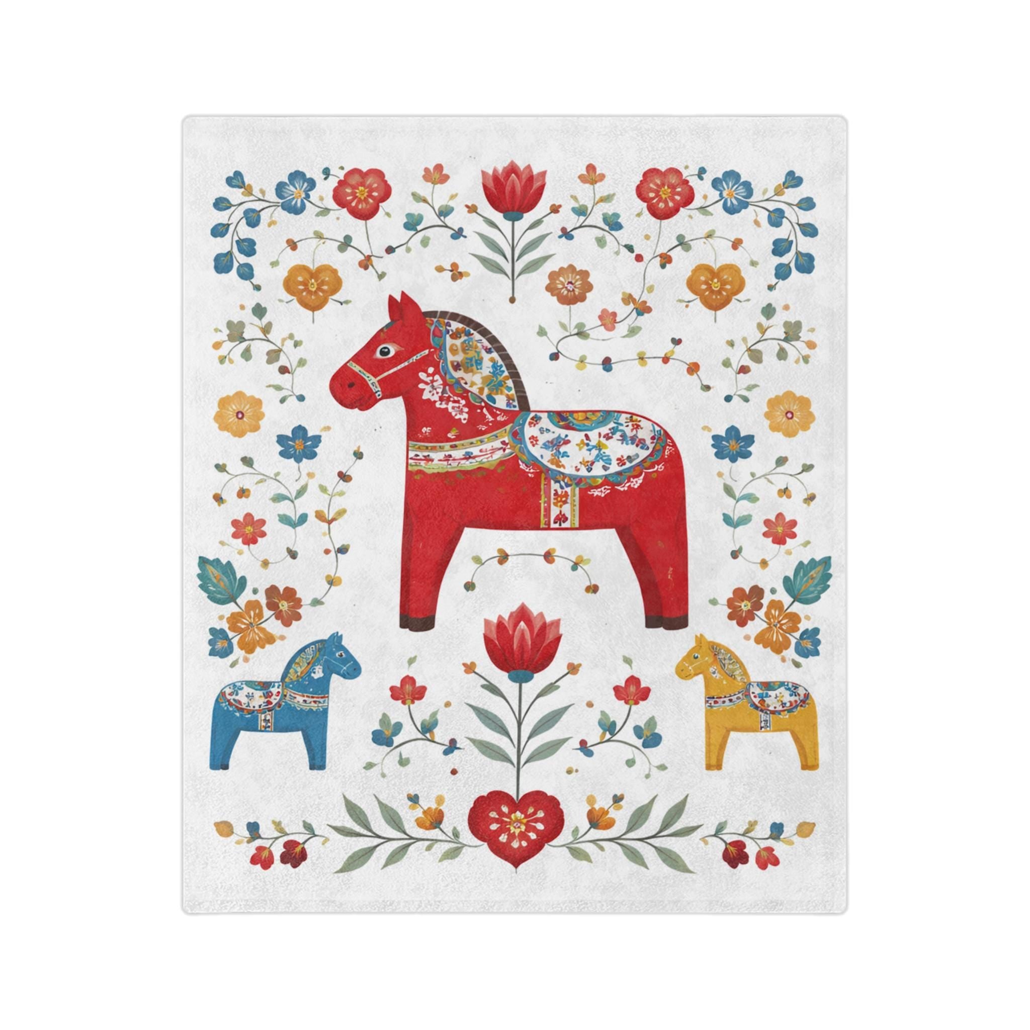 Scandinavian Dala Horse Blanket, Nordic Folk Art Throw, Swedish Horse Decor, Cozy Minky Plush Blanket 50x60, Neutral Home Accent