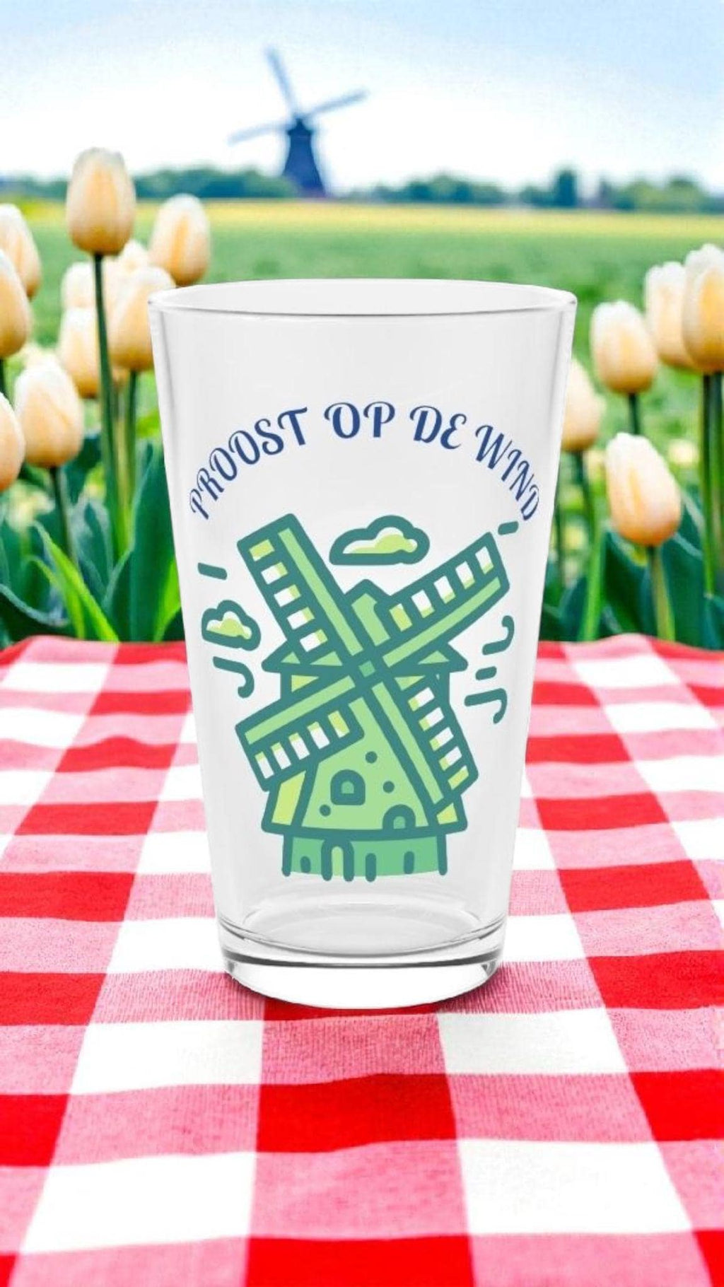 Proost Op De Wind Pint Glass • Dutch Beer Glass 16oz • Netherlands Gift • Windmill Drinkware for Craft Beer Lovers