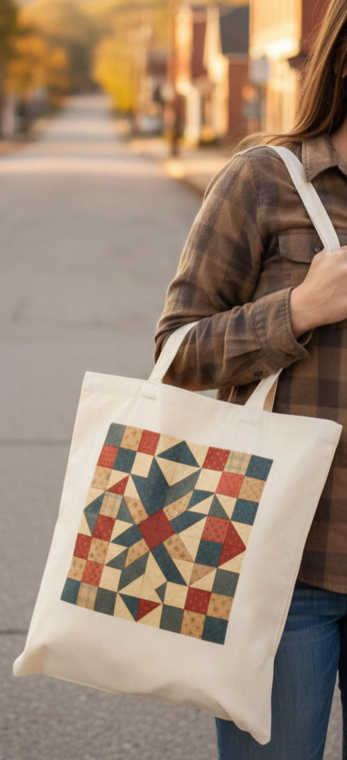 Appalachian Quilted-Style Tote Bag | Rustic Patchwork Star Design | Country Cottage Folk Tote | Handmade-Inspired Gift