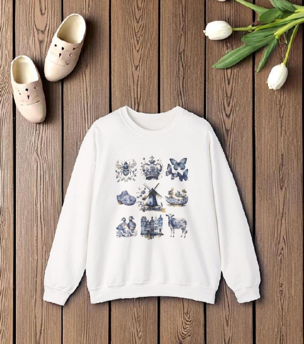 Delft Blue Netherlands Sweatshirt, Dutch Windmill Sweater, Cozy Vintage Holland Pullover, Netherlands Gift for Art Lovers