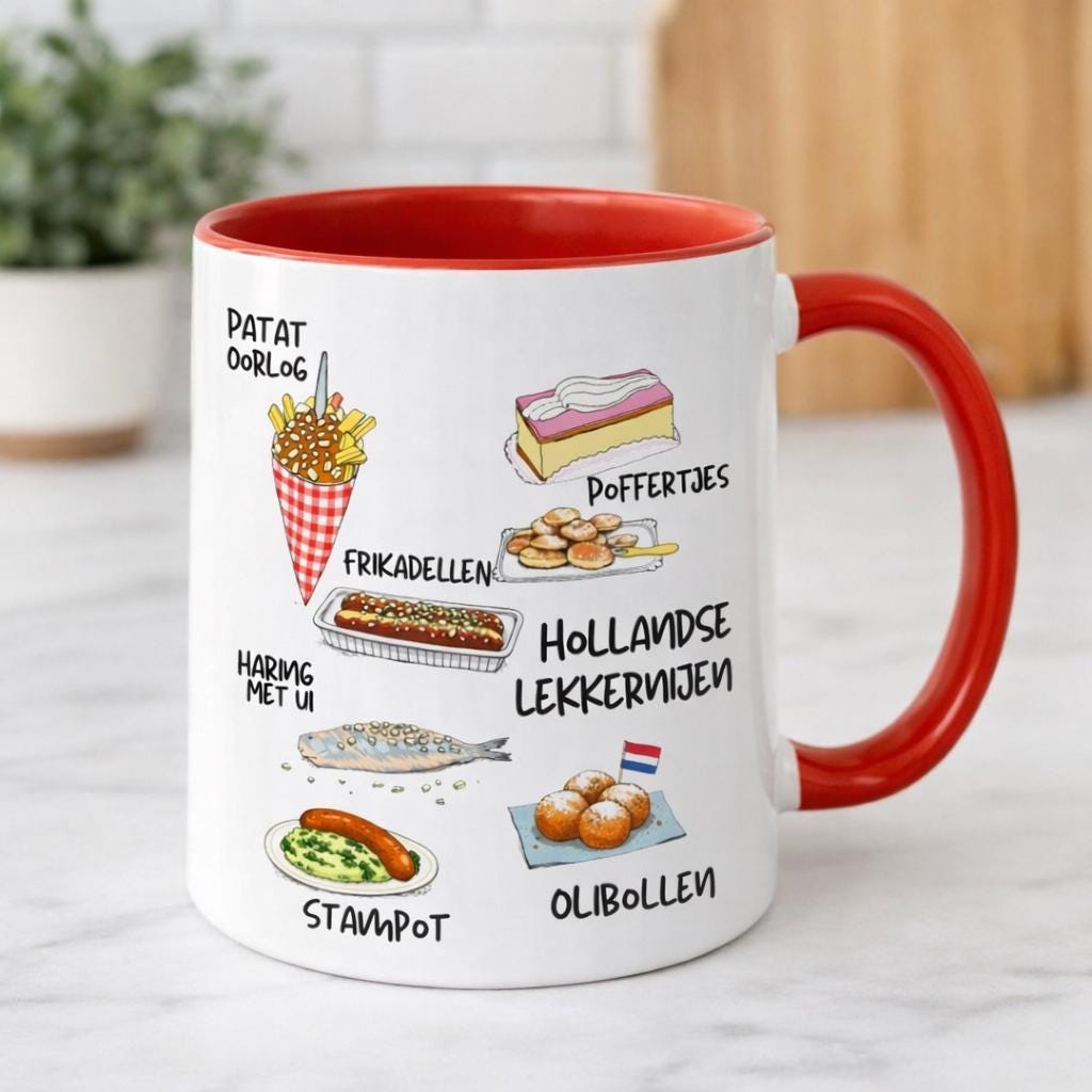 Hollandse Lekkernijen Mug | Dutch Food Illustration Coffee Cup | Patat Oorlog, Oliebollen, Stroopwafel Vibes | Netherlands Gift