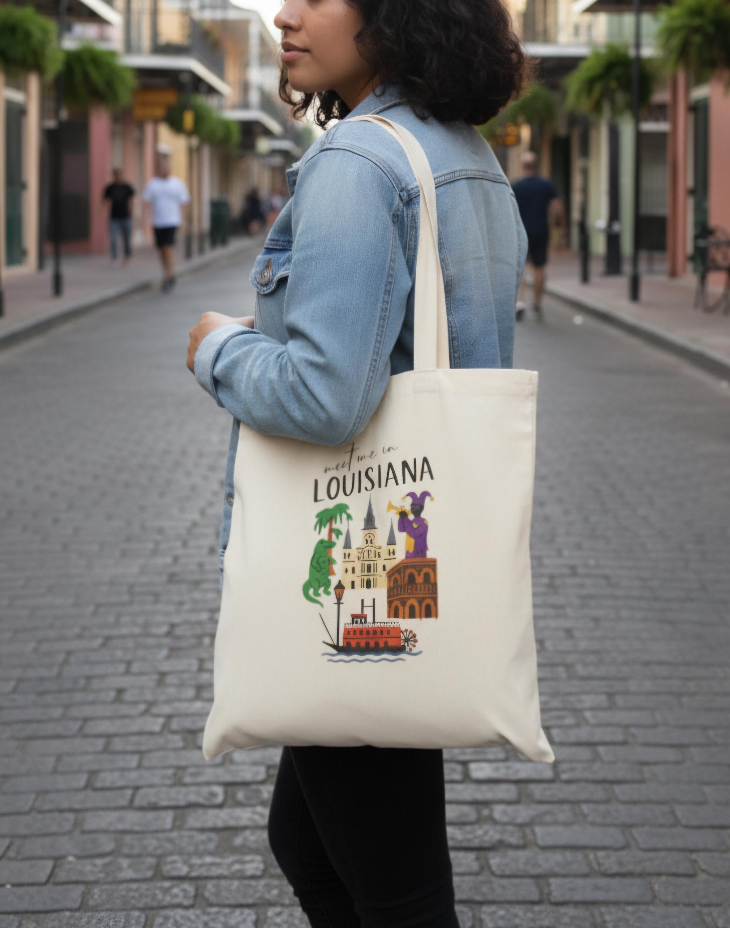 Meet Me in Louisiana Tote Bag | New Orleans Icons Tote | Mardi Gras Riverboat Canvas Bag | Louisiana Gift