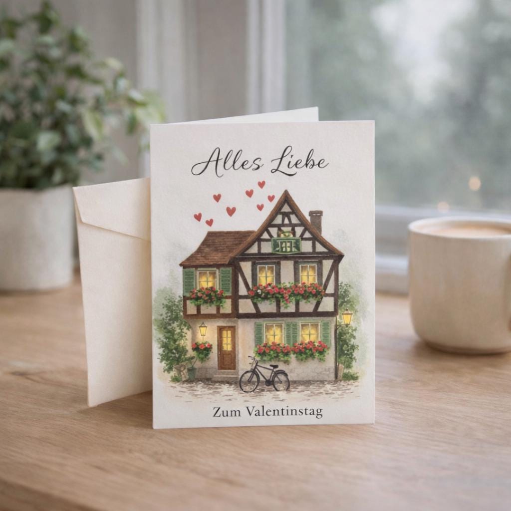 German Valentine Card | Alles Liebe | Romantic Fachwerk House Card | European Love Card | Old World Valentine | Watercolor House Card
