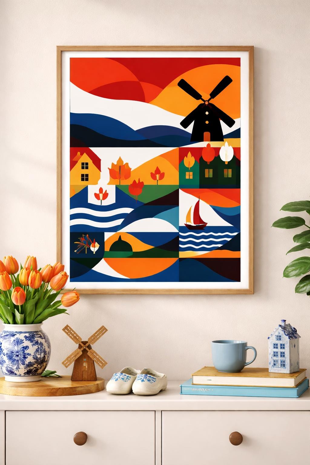 Abstract Dutch Wall Art Print | Netherlands Tulip Windmill Art | Modern European Decor | Scandinavian Style Framed Poster | Holland