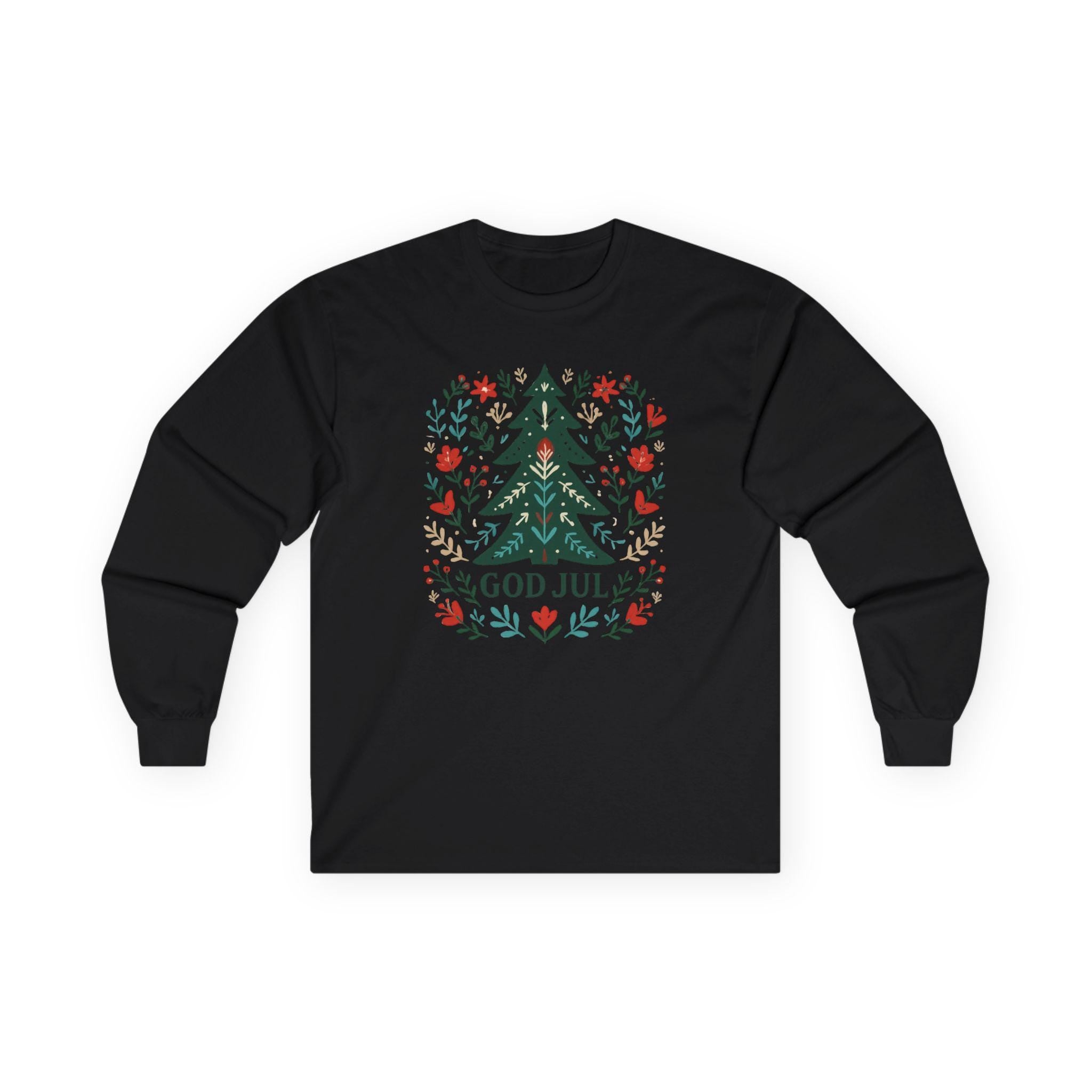 Scandinavian God Jul Shirt – Nordic Folk Art Christmas Tree Long Sleeve Tee, Hygge Holiday Shirt, Danish Christmas Top