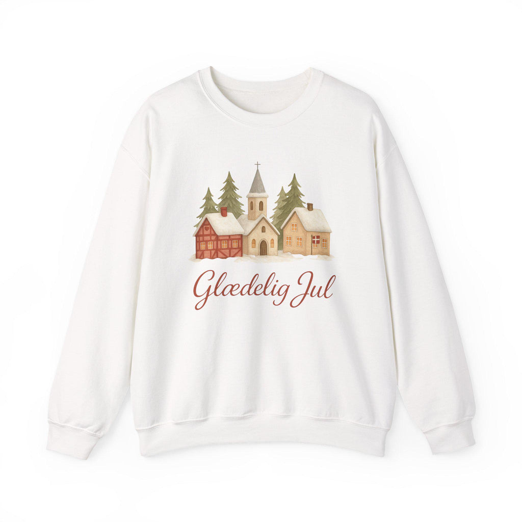 Glædelig Jul Christmas Sweatshirt • Danish Winter Village Scene • Scandinavian Holiday Sweater • Cozy Nordic Christmas Crewneck