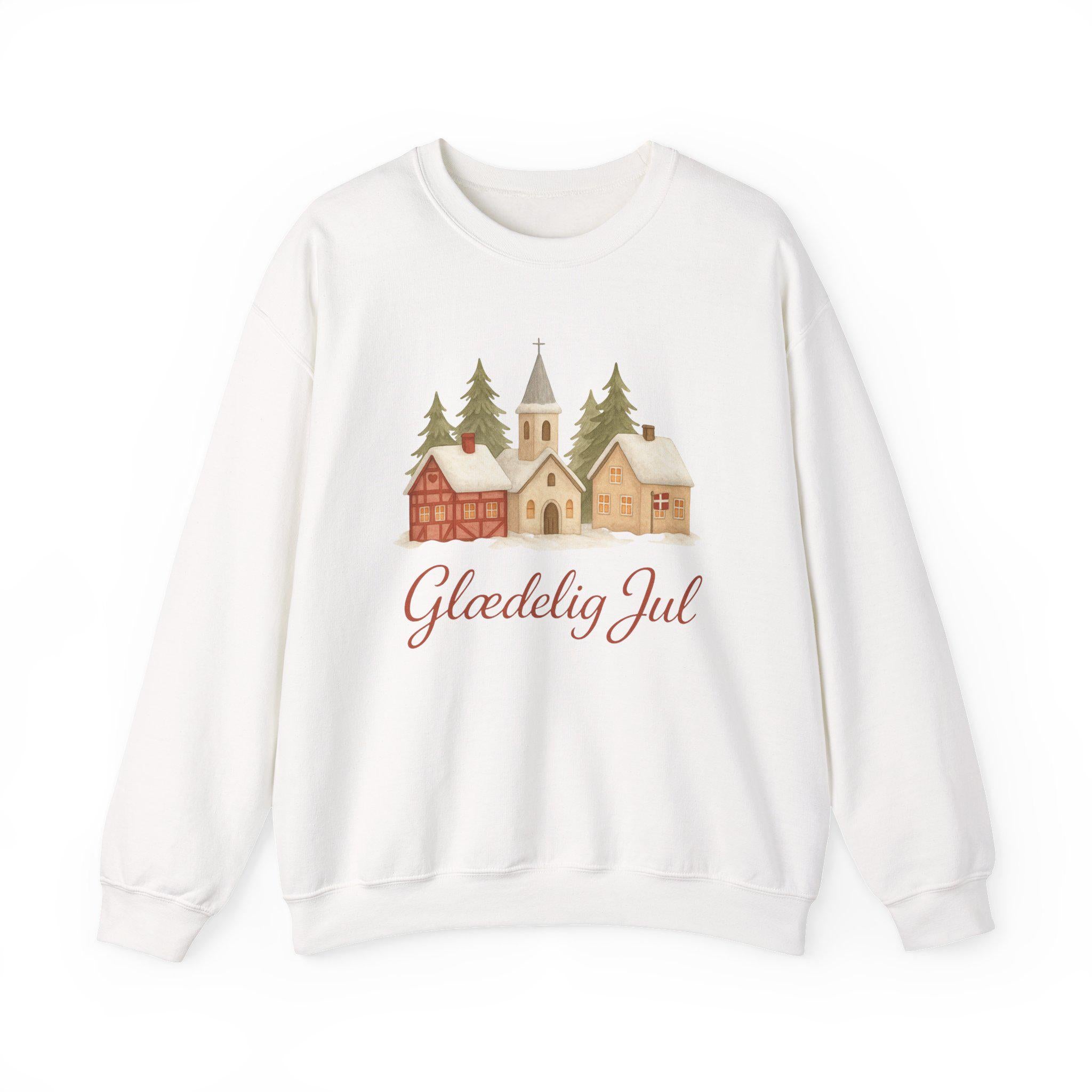 Glædelig Jul Christmas Sweatshirt • Danish Winter Village Scene • Scandinavian Holiday Sweater • Cozy Nordic Christmas Crewneck