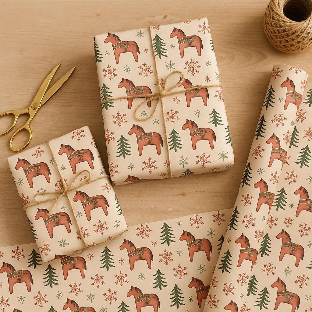 Nordic Christmas Dala Horse Wrapping Paper | Scandinavian Holiday Pattern | Folk Art Winter Trees & Snowflakes Gift Wrap