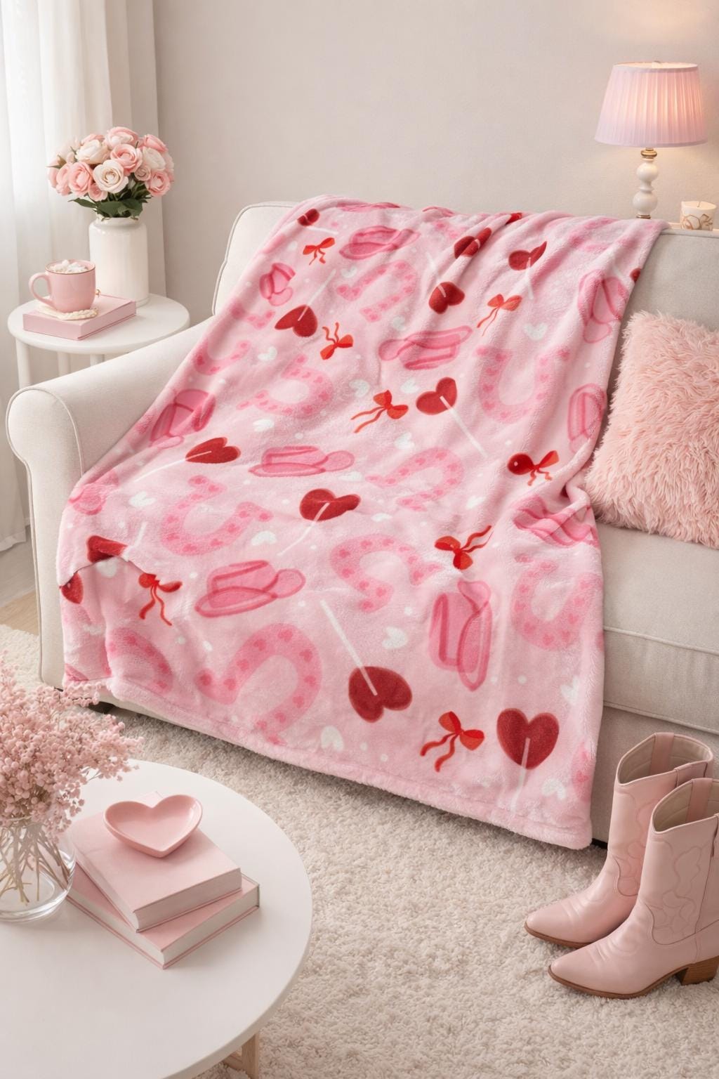 Valentine Cowgirl Blanket | Pink Western Heart Throw Kawaii | Coquette Cowboy Decor | Cute Romantic Gift for Her | Western Valentines Day