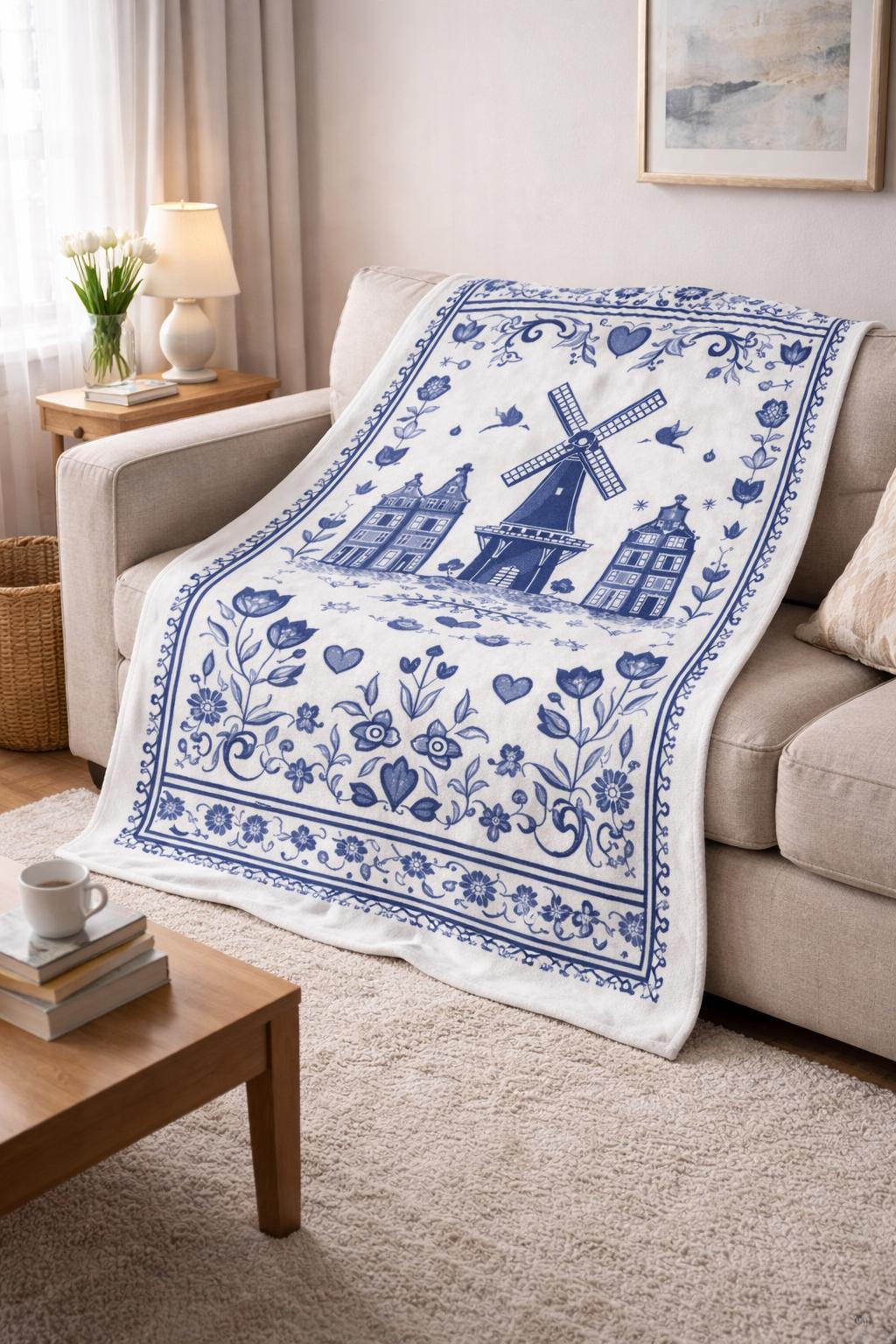 Delft Blue Dutch Blanket | White and Blue Holland Folk Art Throw | Windmill and Canal House Design | European Cottage Decor