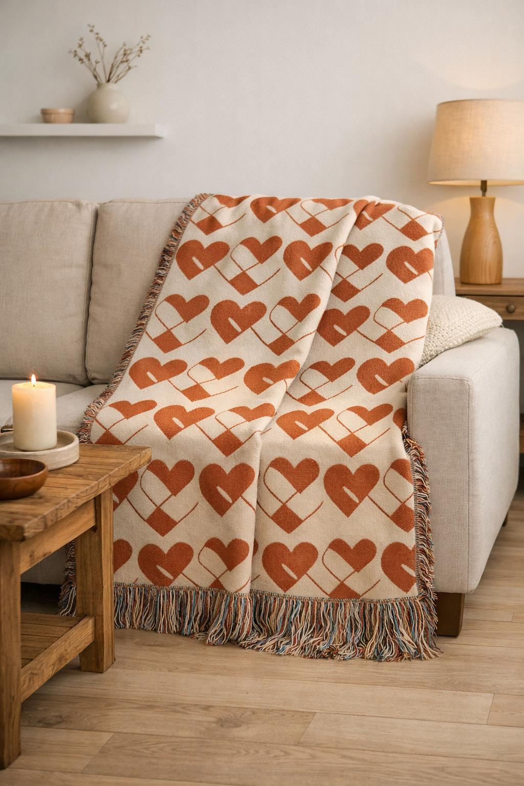 Danish Folk Heart Blanket | Scandinavian Hygge Throw | Nordic Julehjerte Design | Cozy Neutral Home Decor | Minimalist Nordic Blanket