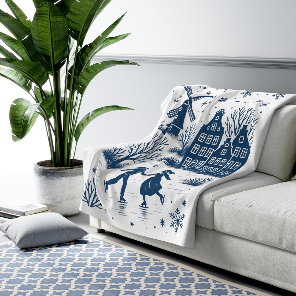 Dutch Winter Skating Scene Sherpa Fleece Blanket | Delft Blue Holland Village | Cozy Ice Skating Throw | Nordic Winter Decor | Dutch Gift