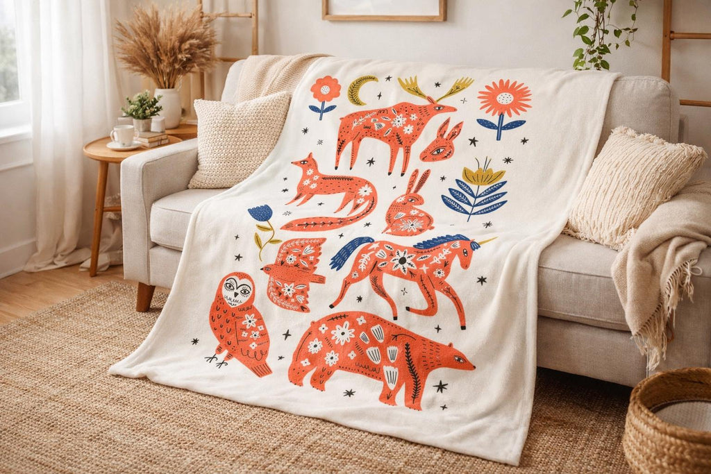 Nordic Folk Animal Throw Blanket | Scandinavian Woodland Throw | Cozy Folk Art Blanket | Rustic Nordic Decor | Winter Hygge Gift