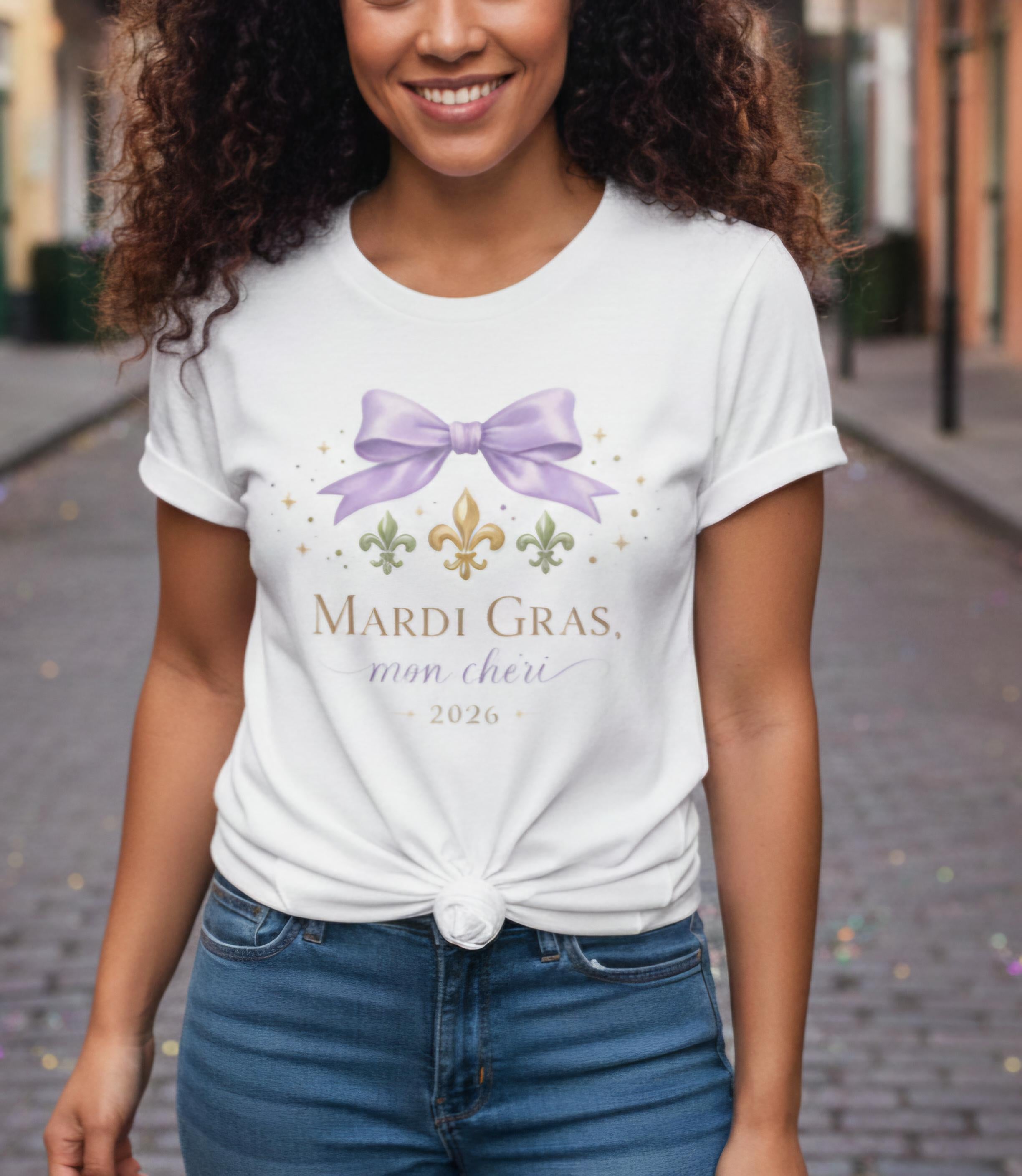 Mardi Gras 2026 Sweatshirt for Women, Coquette Carnival Bow Fleur de Lis, Mardi Gras Mon Chéri, Feminine New Orleans Festival Shirt
