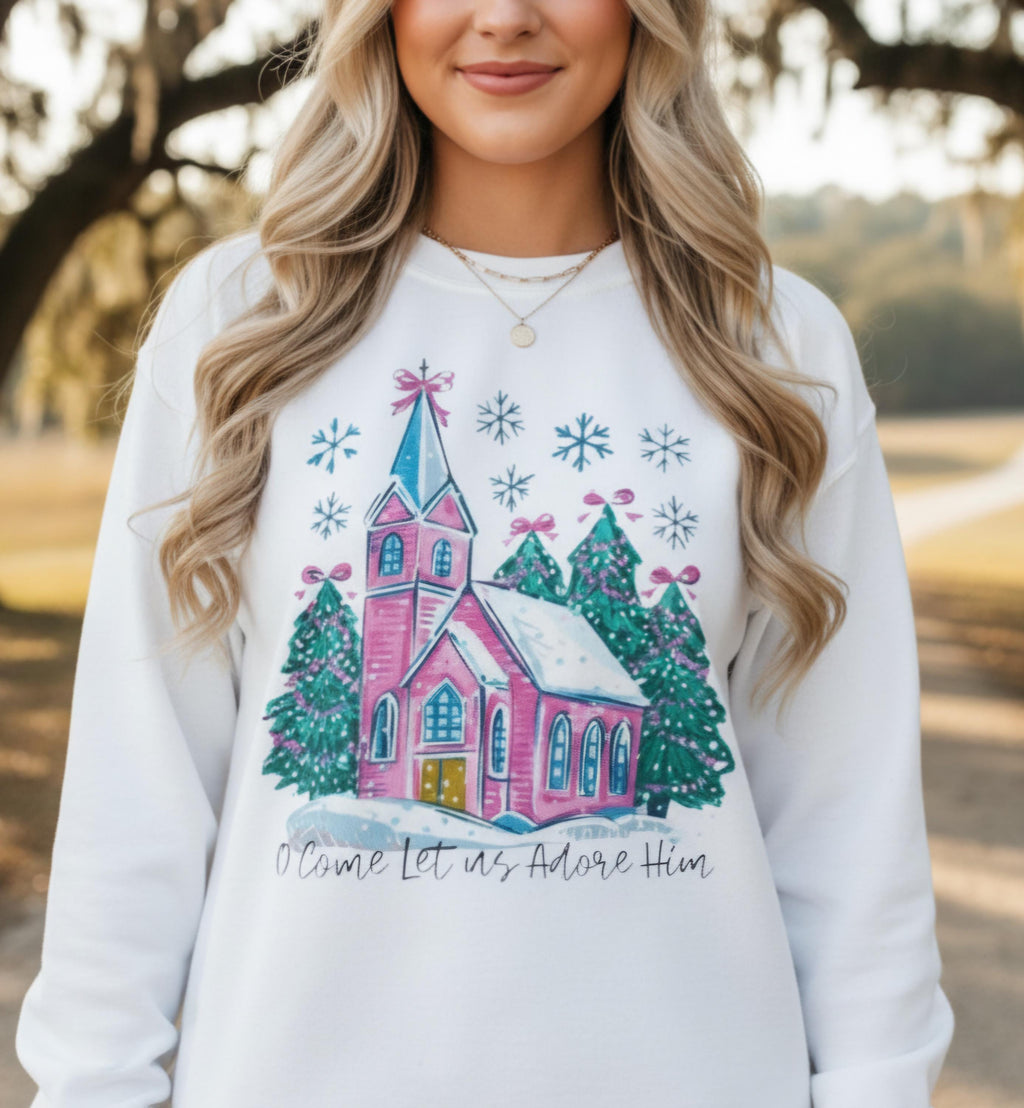Whimsical Christmas Church Sweatshirt • Pastel Holiday Village Crewneck • Cozy Christian Winter Sweatshirt for Women