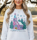 Whimsical Christmas Church Sweatshirt • Pastel Holiday Village Crewneck • Cozy Christian Winter Sweatshirt for Women