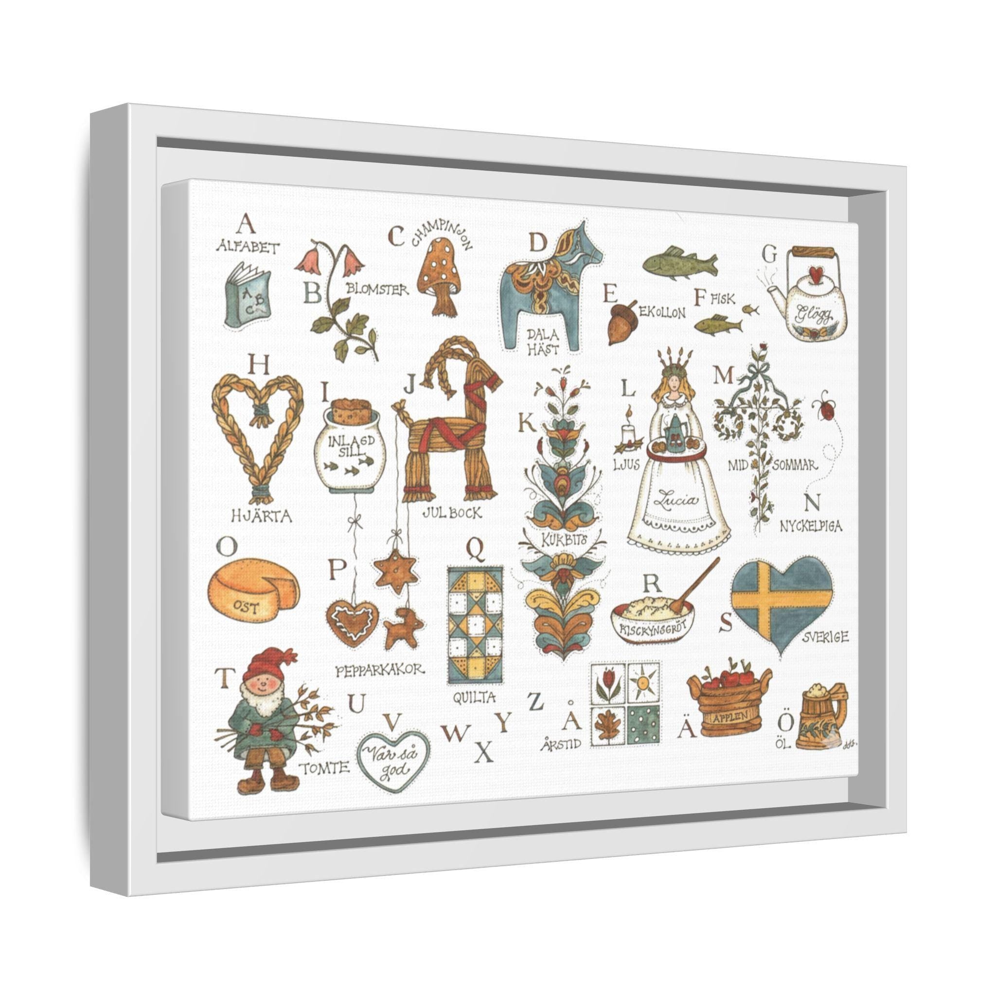Scandinavian Alphabet Art Print | Swedish Folk Art ABC Poster | Nordic Nursery Wall Art | Dala Horse Alphabet | Framed Canvas Print