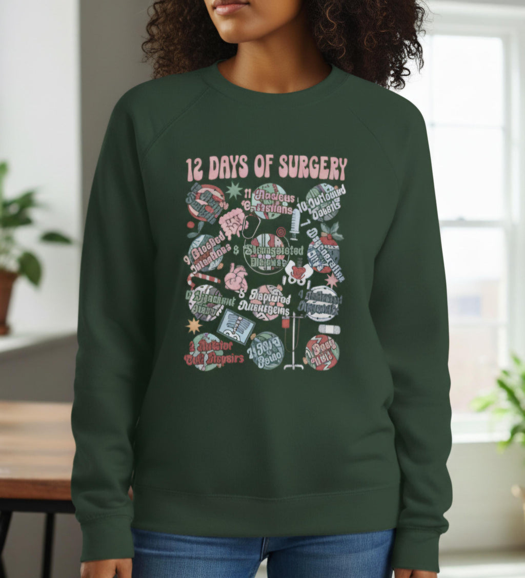 12 Days of Surgery Christmas Sweatshirt | Medical Holiday Crewneck for Scrub Techs Nurses Surgeons CRNA