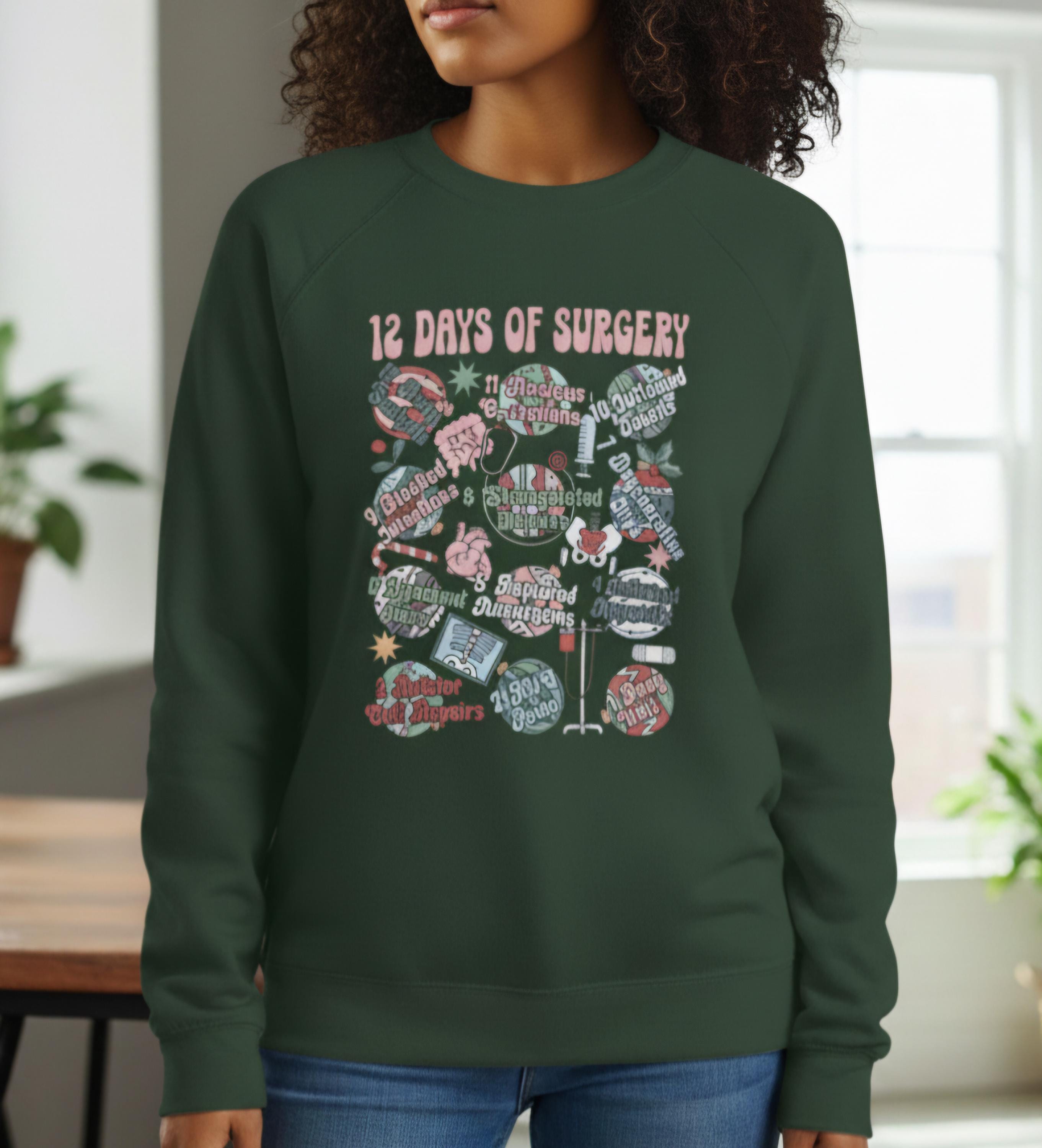 12 Days of Surgery Christmas Sweatshirt | Medical Holiday Crewneck for Scrub Techs Nurses Surgeons CRNA