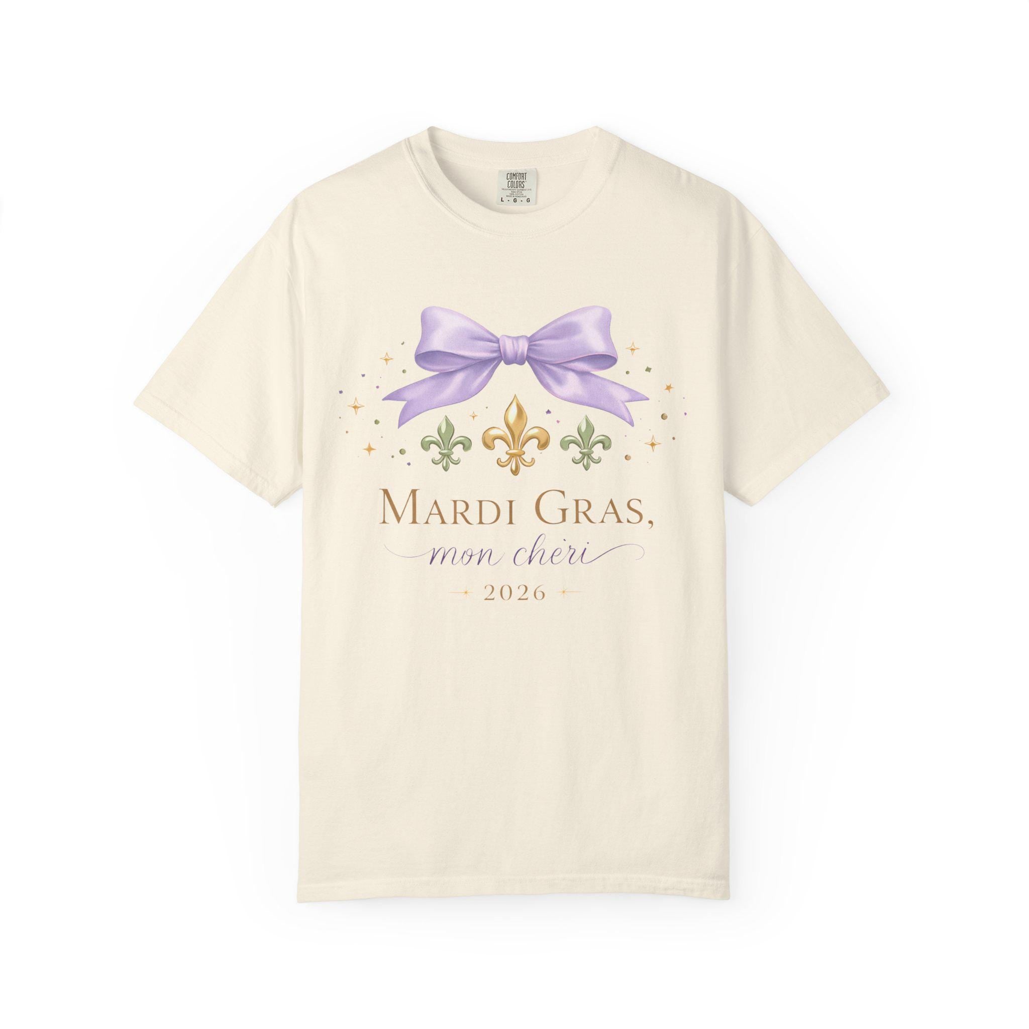 Mardi Gras 2026 Sweatshirt for Women, Coquette Carnival Bow Fleur de Lis, Mardi Gras Mon Chéri, Feminine New Orleans Festival Shirt