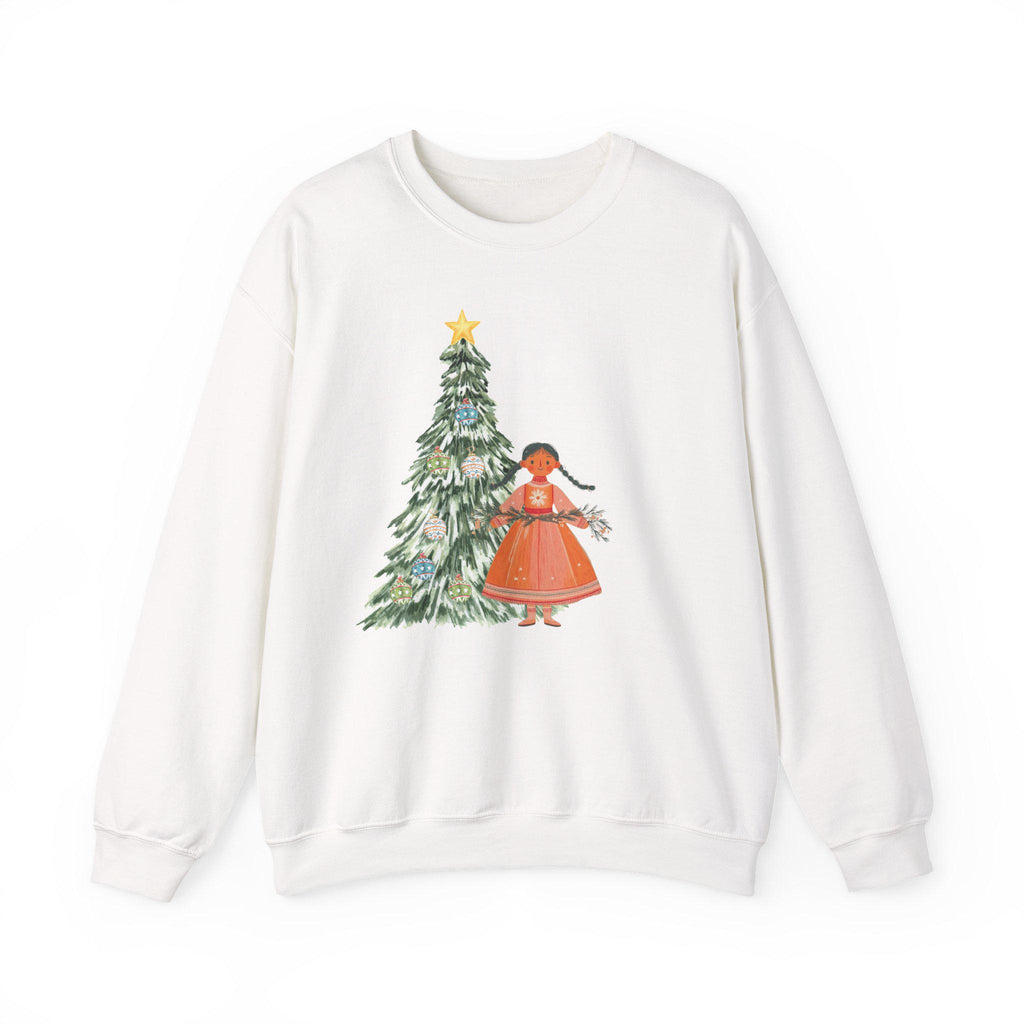 Scandi Christmas Tree Girl Sweater, Whimsical Holiday Pullover, Nordic Christmas Sweatshirt, Scandinavian Winter Aesthetic Jumper, Cozy Xmas