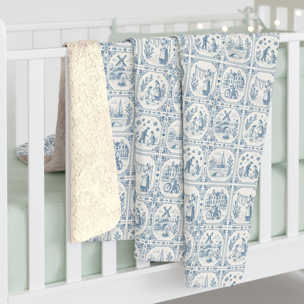 Delft Blanket | Dutch Decor | Blue and White Sherpa Blanket | Dutch Nursery Decor | Delftware Throw
