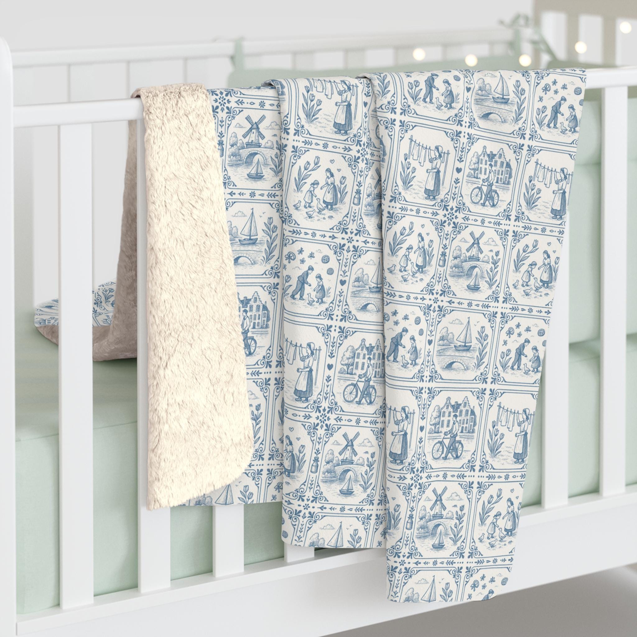 Delft Blanket | Dutch Decor | Blue and White Sherpa Blanket | Dutch Nursery Decor | Delftware Throw