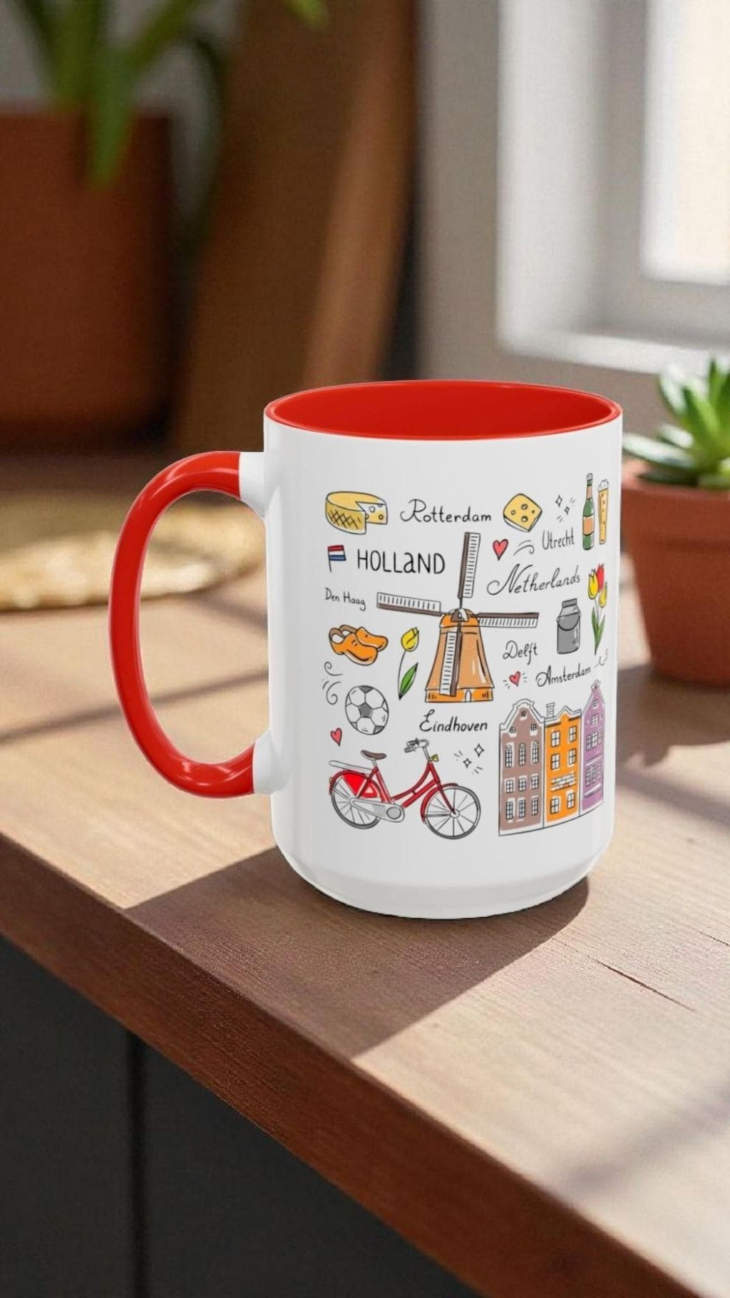 Dutch Icons Coffee Mug – Amsterdam Bicycle Mug, Windmill & Tulips Cup, Netherlands Gift, Holland Travel Mug, Cute Dutch House Mug