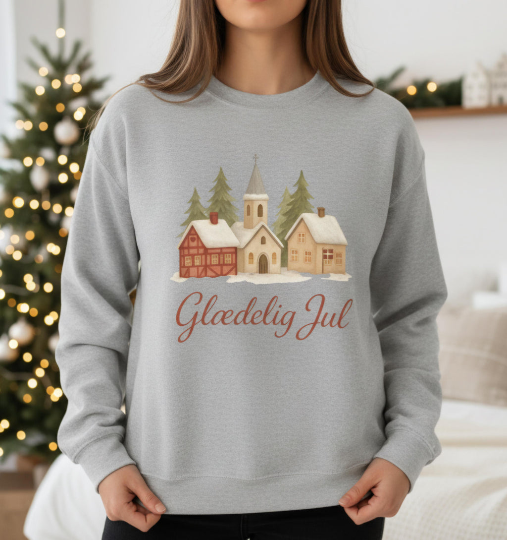 Glædelig Jul Christmas Sweatshirt • Danish Winter Village Scene • Scandinavian Holiday Sweater • Cozy Nordic Christmas Crewneck