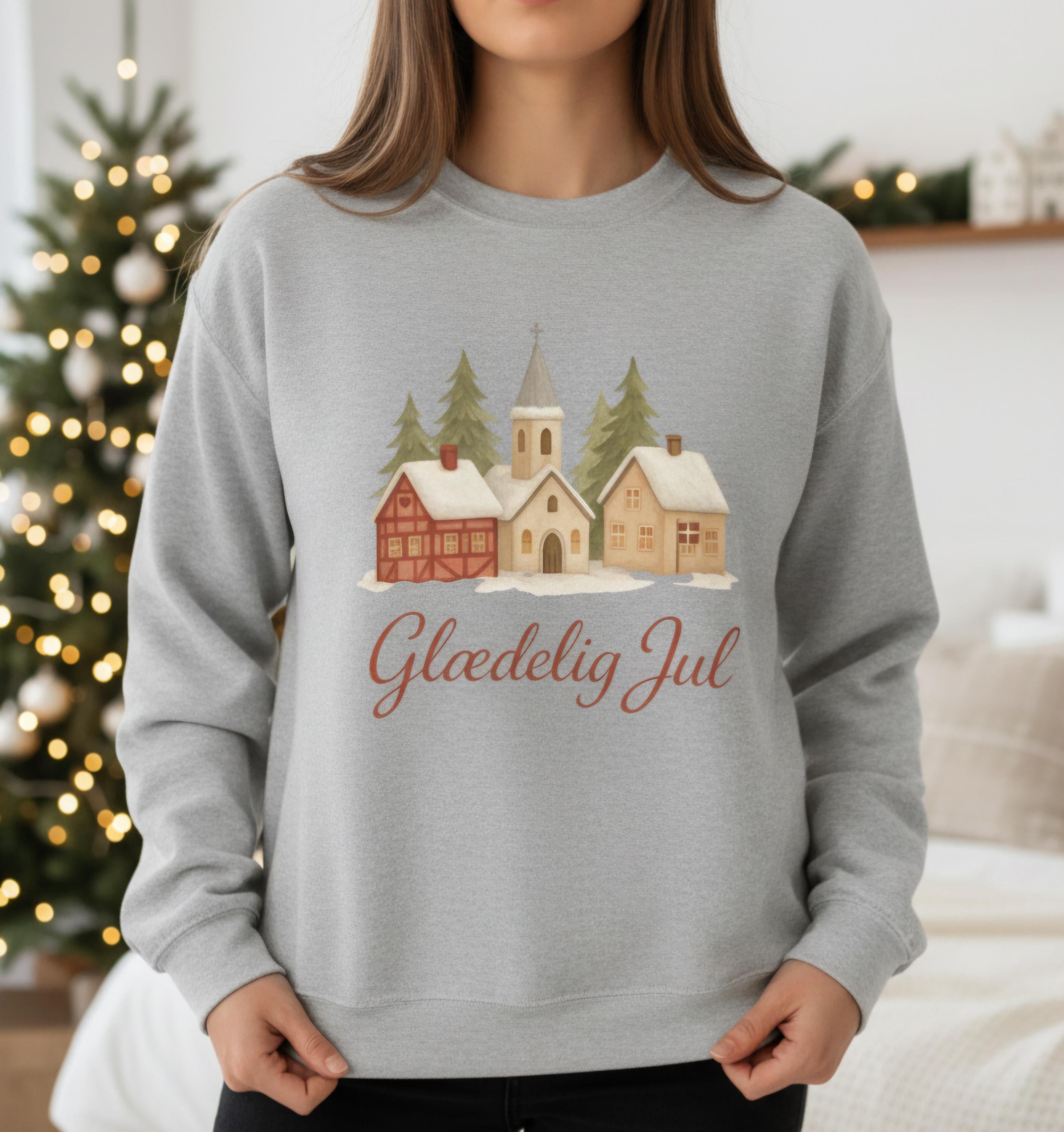 Glædelig Jul Christmas Sweatshirt • Danish Winter Village Scene • Scandinavian Holiday Sweater • Cozy Nordic Christmas Crewneck