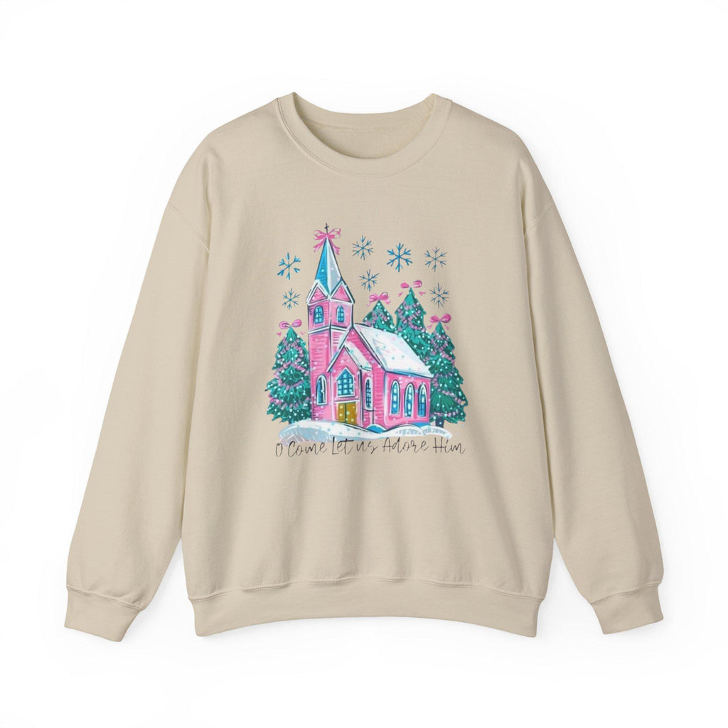 Whimsical Christmas Church Sweatshirt • Pastel Holiday Village Crewneck • Cozy Christian Winter Sweatshirt for Women