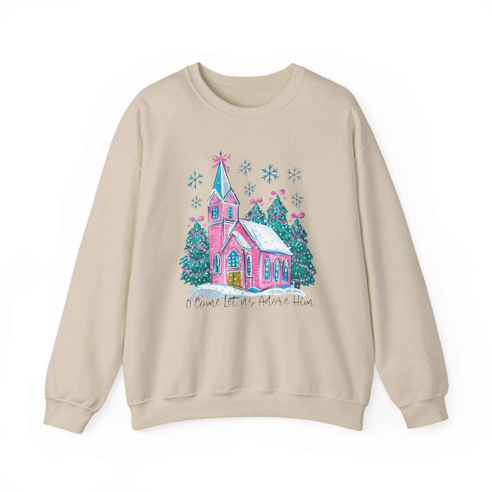 Whimsical Christmas Church Sweatshirt • Pastel Holiday Village Crewneck • Cozy Christian Winter Sweatshirt for Women