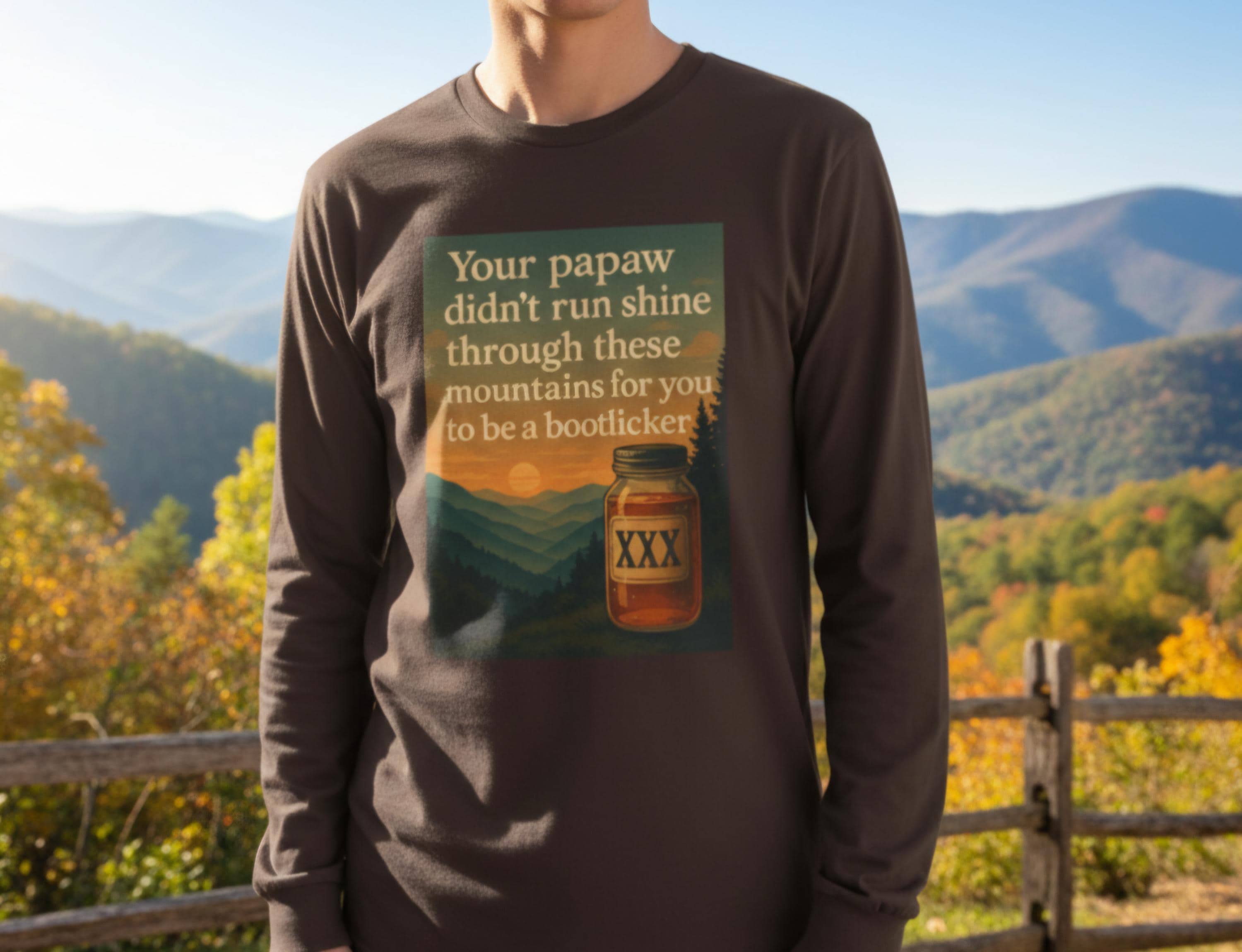 Vintage Bootlegger Longsleeve T-Shirt – Appalachian Moonshine Tee, Retro Country Shirt, Rustic Mountain Long Sleeve
