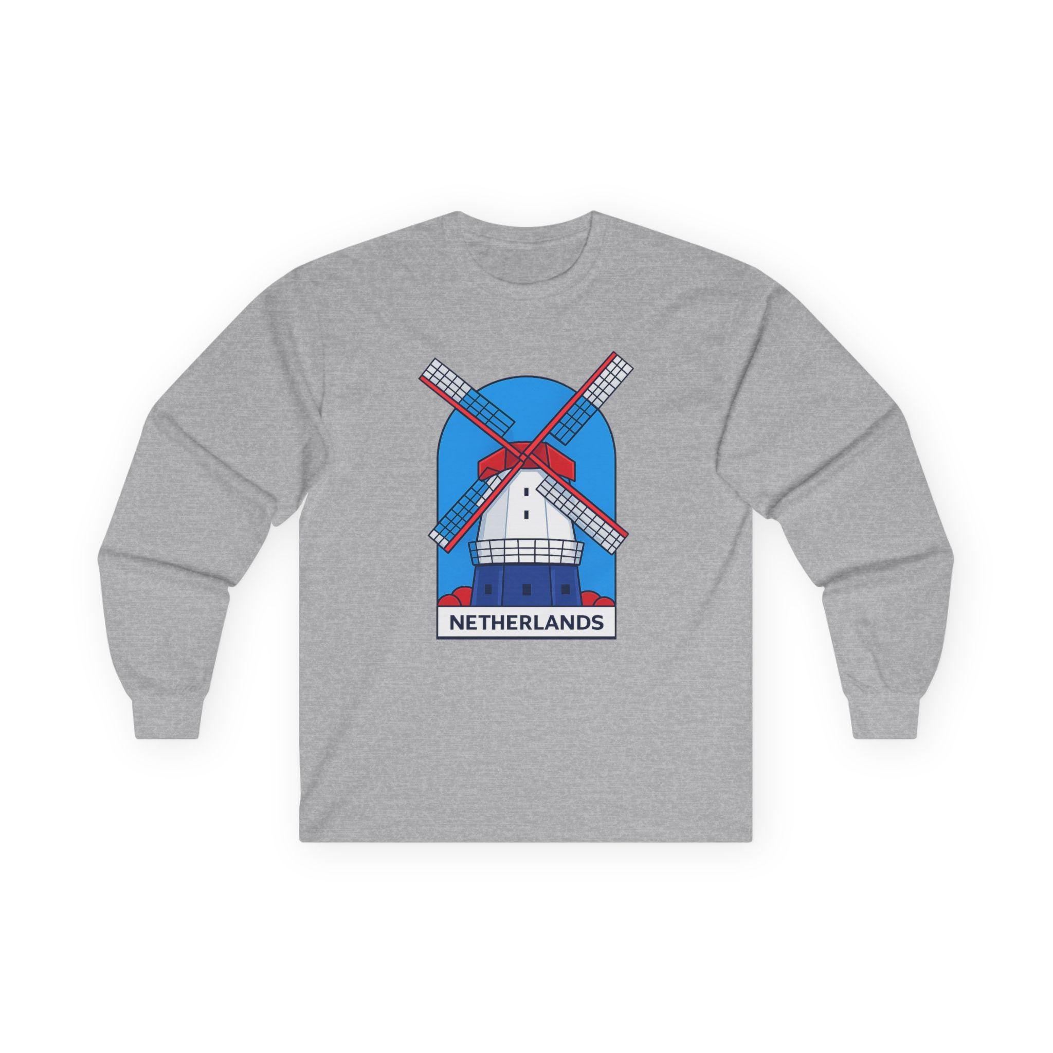 Dutch Windmill Illustration Long Sleeve Tee | Netherlands Graphic Tee