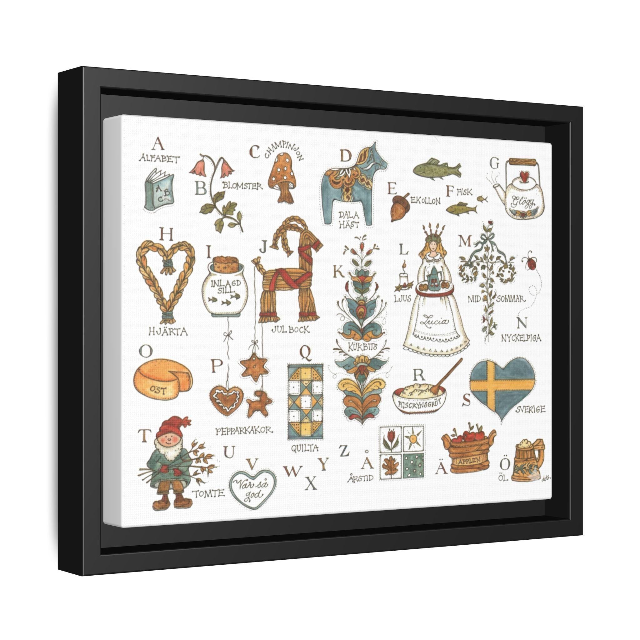 Scandinavian Alphabet Art Print | Swedish Folk Art ABC Poster | Nordic Nursery Wall Art | Dala Horse Alphabet | Framed Canvas Print
