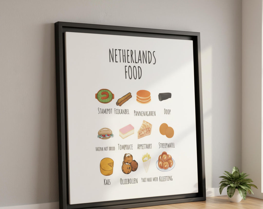 Dutch Food Print – Netherlands Kitchen Wall Art | Framed Canvas | Dutch Cuisine Poster for Kitchen or Dining Room