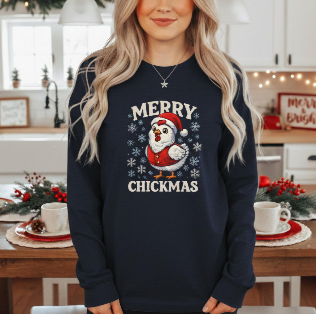 Merry Chickmas Shirt | Christmas Chicken Long Sleeve Tee | Farmhouse Holiday Shirt | Cute Chicken Santa Snowflake Top | Country Christmas