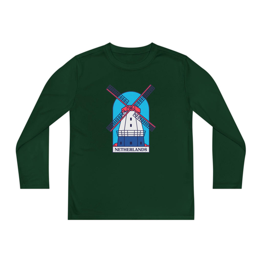 Youth Netherlands Windmill Shirt – Dutch Long Sleeve Tee for Kids, Holland Travel Gift, Cute Windmill Graphic Top