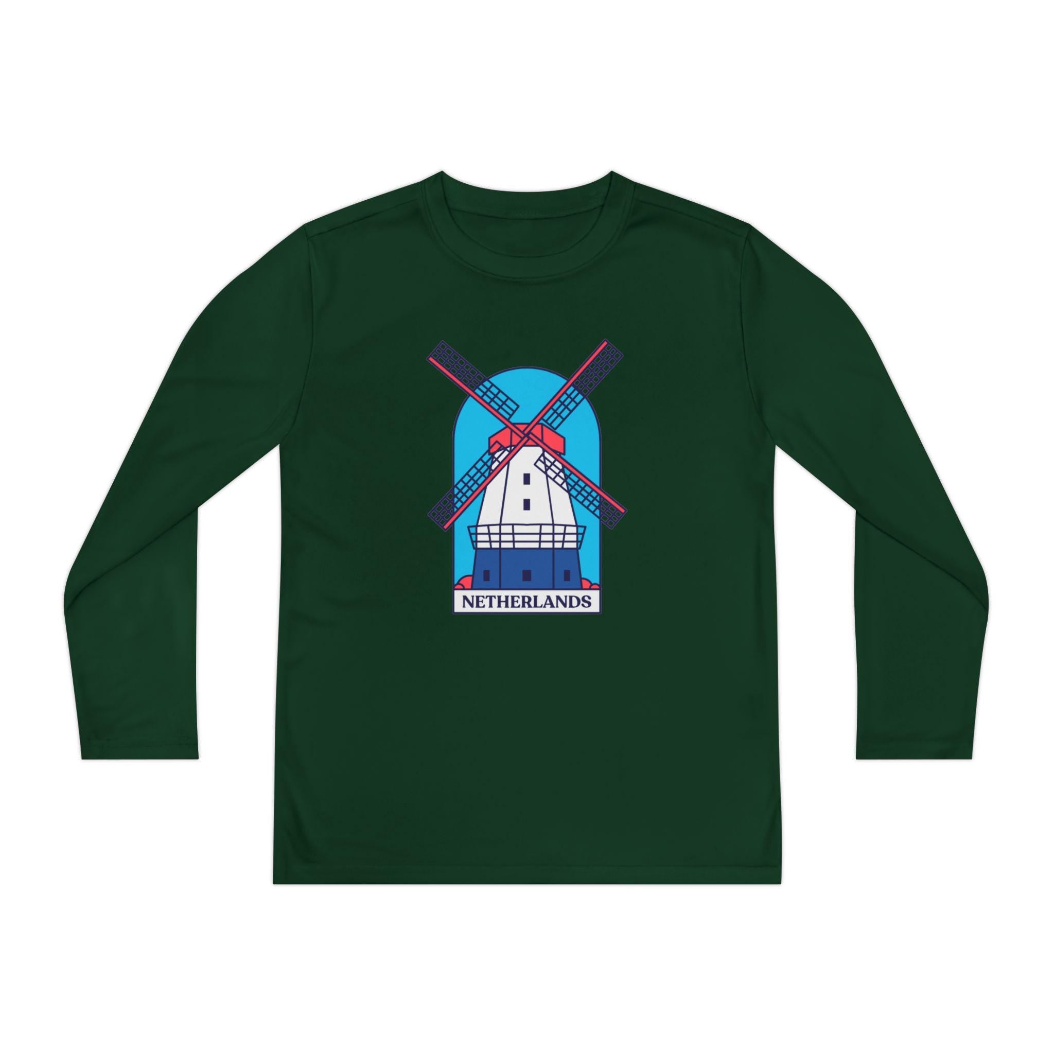 Youth Netherlands Windmill Shirt – Dutch Long Sleeve Tee for Kids, Holland Travel Gift, Cute Windmill Graphic Top