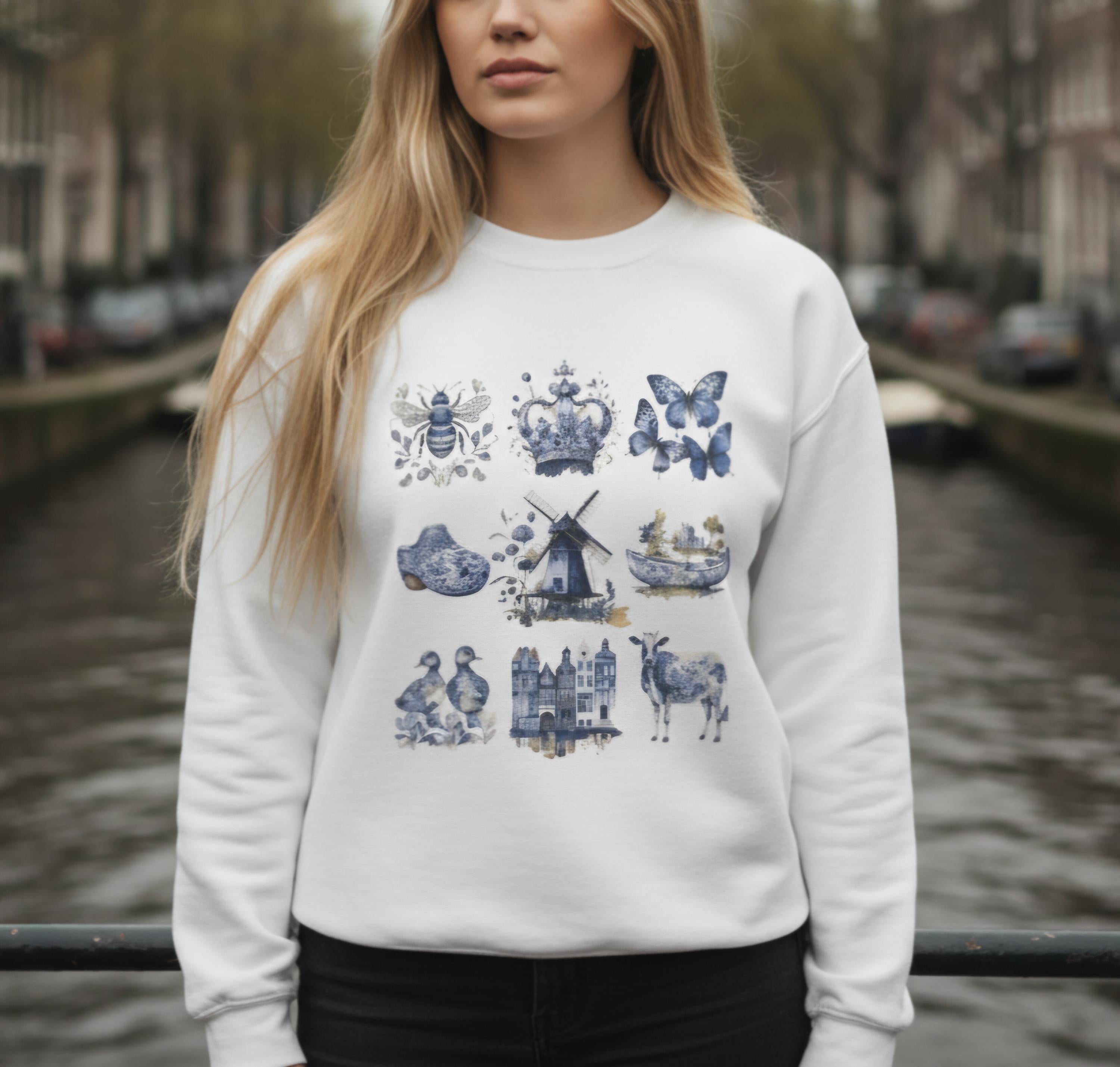 Delft Blue Netherlands Sweatshirt, Dutch Windmill Sweater, Cozy Vintage Holland Pullover, Netherlands Gift for Art Lovers