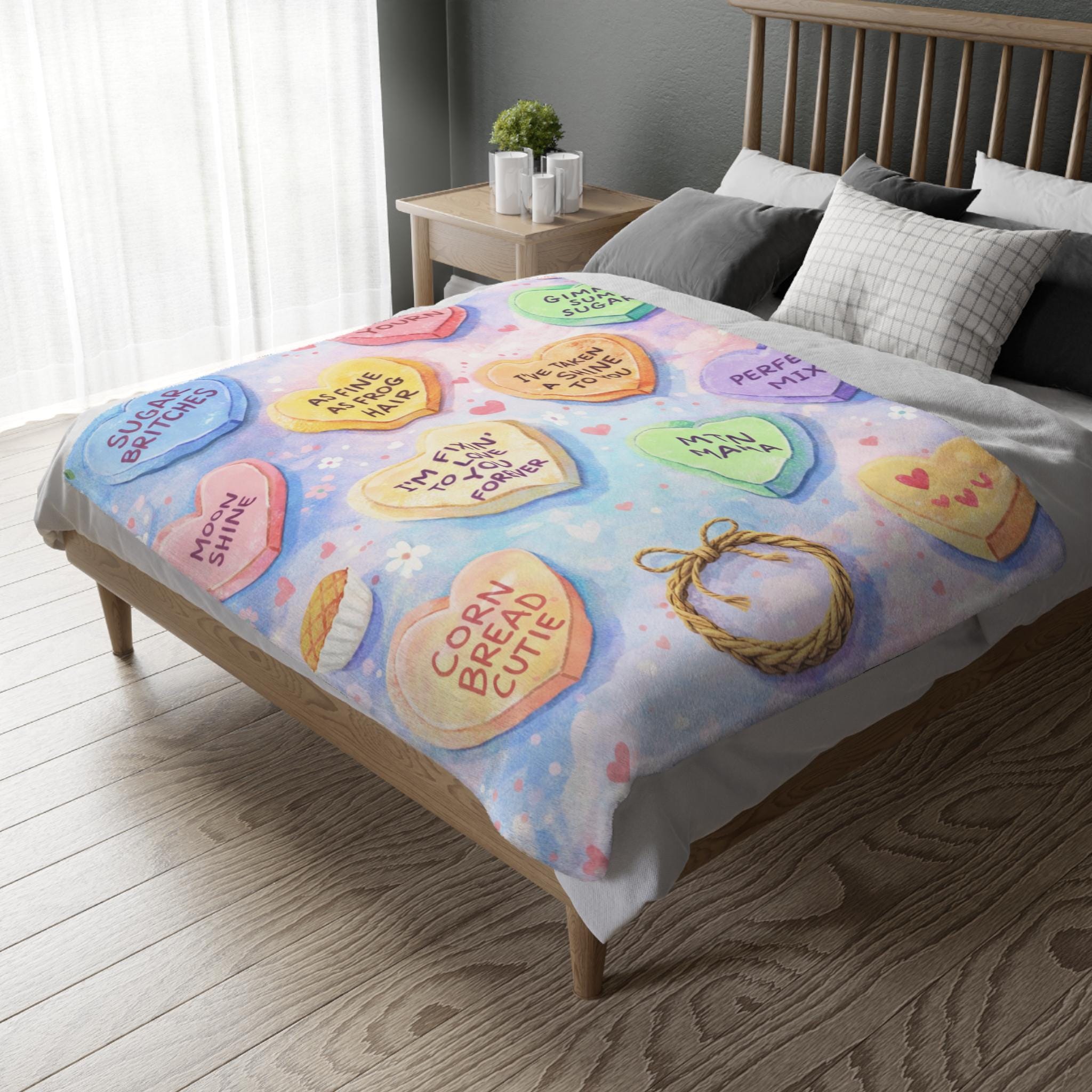 Appalachian Valentine Blanket | Southern Love Sayings Throw | All Yourn Pastel Candy Hearts | Cozy Country Valentine Gift