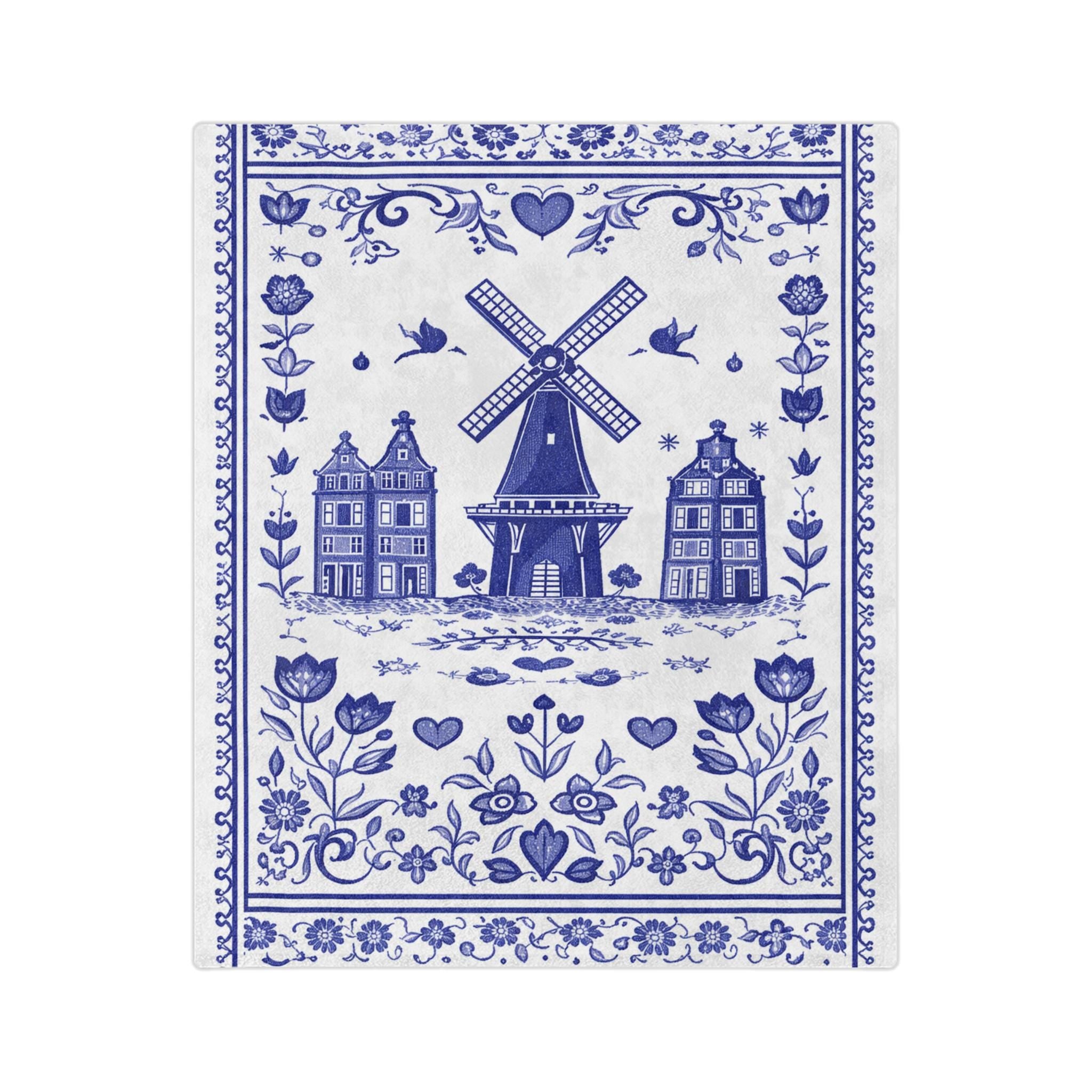 Delft Blue Dutch Blanket | White and Blue Holland Folk Art Throw | Windmill and Canal House Design | European Cottage Decor