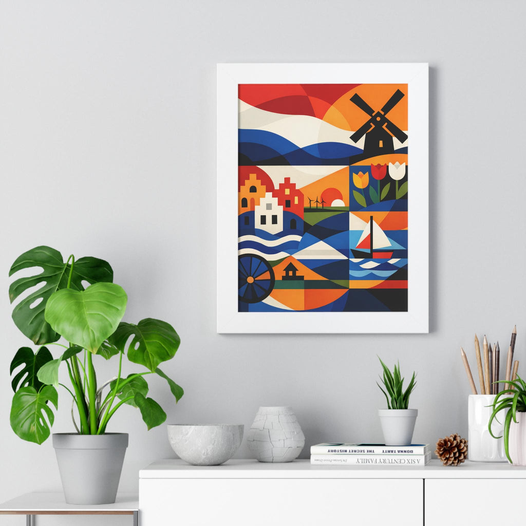 Abstract Dutch Wall Art Print | Netherlands Tulip Windmill Art | Modern European Decor | Scandinavian Style Framed Poster | Holland