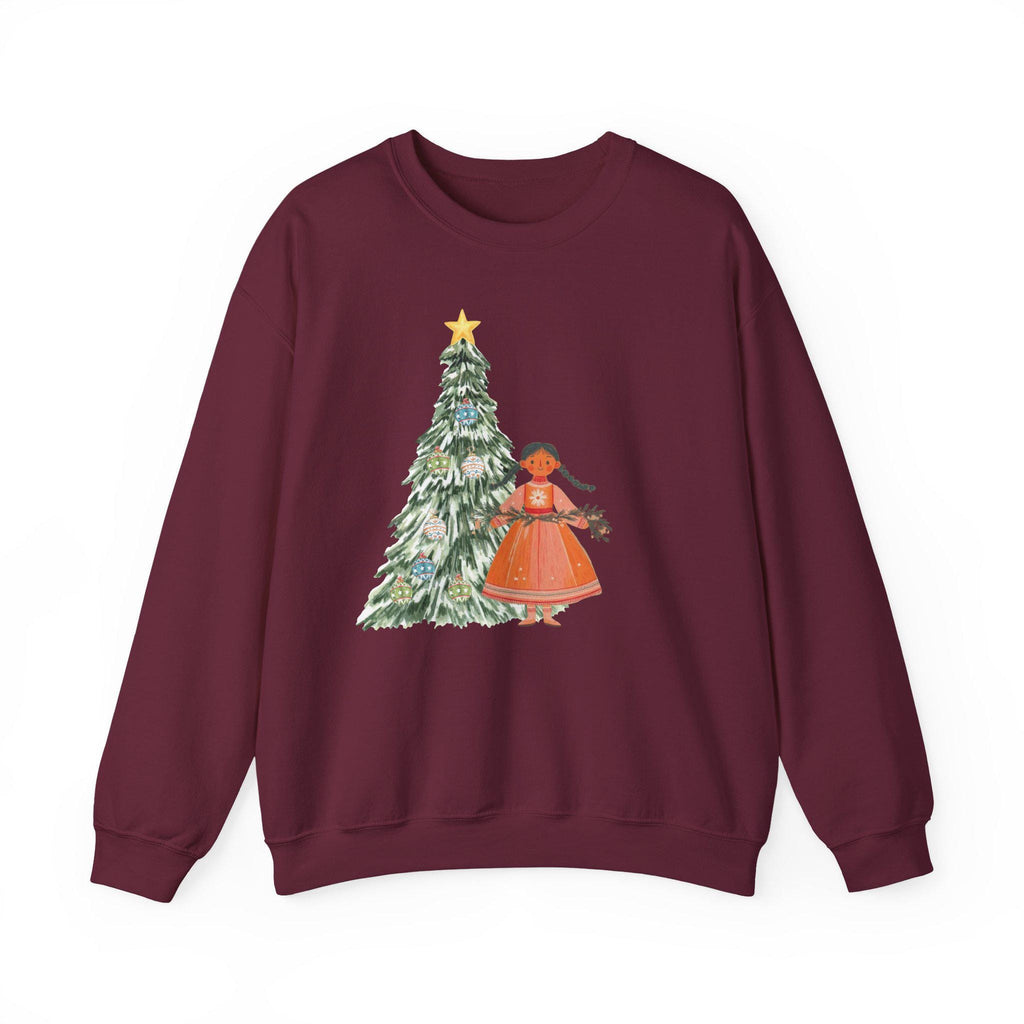 Scandi Christmas Tree Girl Sweater, Whimsical Holiday Pullover, Nordic Christmas Sweatshirt, Scandinavian Winter Aesthetic Jumper, Cozy Xmas