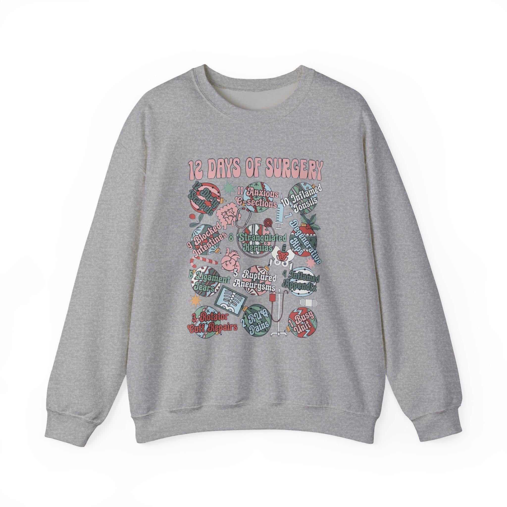 12 Days of Surgery Christmas Sweatshirt | Medical Holiday Crewneck for Scrub Techs Nurses Surgeons CRNA