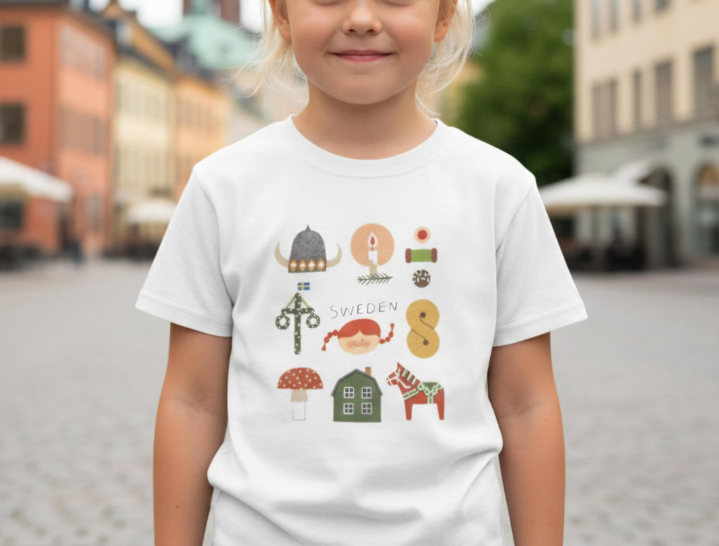 Sweden Icons Youth T-Shirt | Scandinavian Kids Shirt | Nordic Folk Art Tee | Swedish Dala Horse Shirt | Cute Europe Kids Gift
